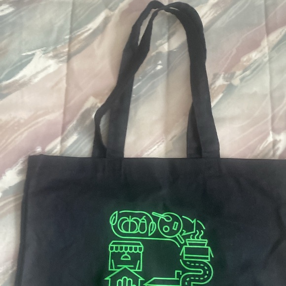 Reusable tote says Rethink Food black and green about 15 in long x 14.5 in wide. - Picture 3 of 7